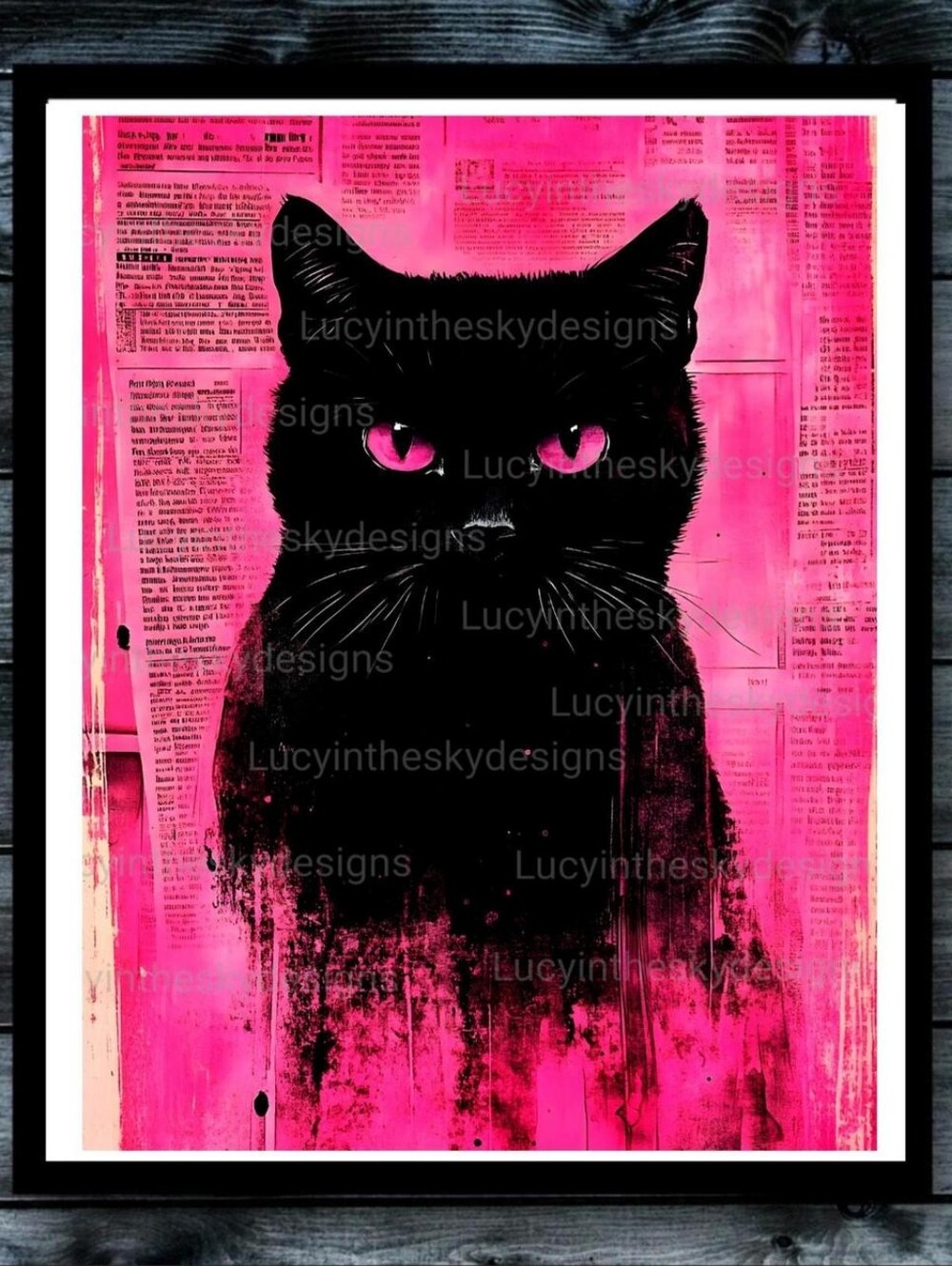 Black Cat on Hot Pink Art Print Bright Colorful Creepy Cute Whimsy Goth Decor